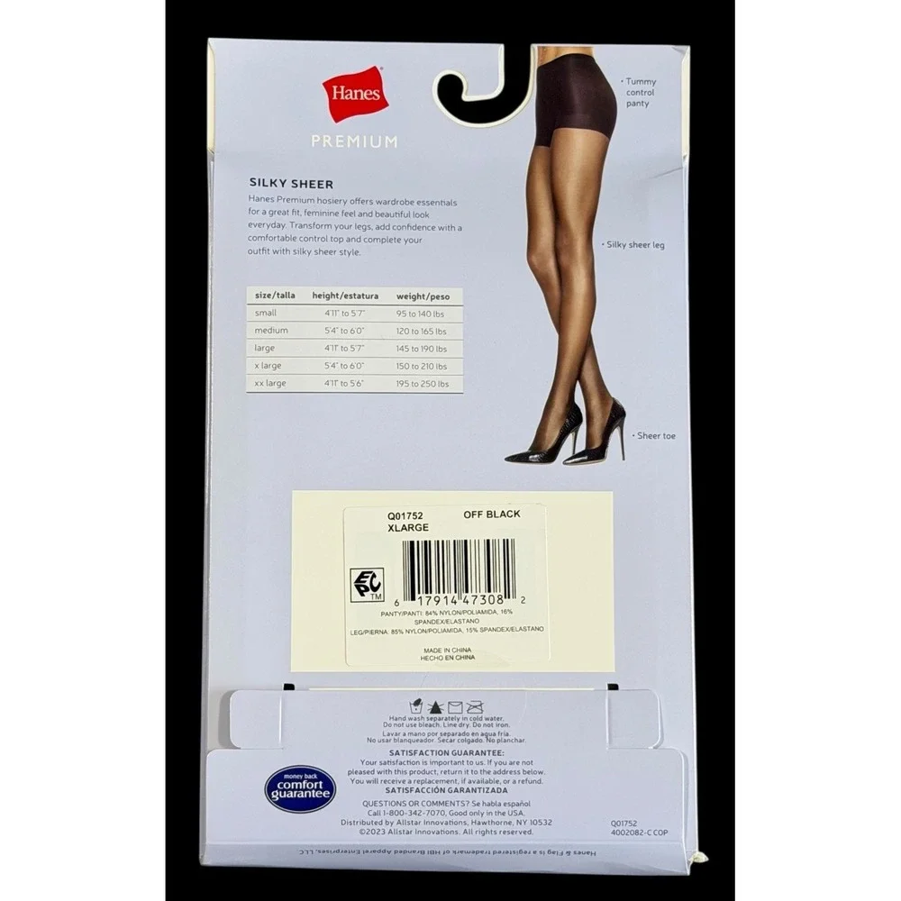 Hanes Premium Silky Lighter Nylon Stockings Tummy Control Sheer Off Black XL